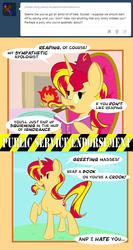 Size: 700x1319 | Tagged: safe, artist:miroslav46, sunset shimmer, pony, unicorn, g4, ask, book, fez, fireplace, hat, pipe, public service announcement, sunset shimmer hates you, tumblr