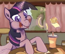 Size: 1200x1000 | Tagged: safe, artist:kheltari, twilight sparkle, alicorn, pony, g4, twilight time, aweeg*, drink, female, hay burger, hay fries, ketchup, looking at you, mare, messy, messy eating, puffy cheeks, scene interpretation, smiling, solo, that pony sure does love burgers, twilight burgkle, twilight sparkle (alicorn)