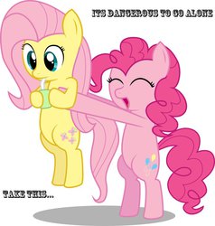Size: 872x916 | Tagged: safe, artist:insanekitteh, artist:linkitch, artist:speccysy, fluttershy, pinkie pie, earth pony, pegasus, pony, g4, bipedal, cute, diapinkes, duo, eyes closed, holding a pony, hoof hold, image macro, it's dangerous to go alone, juice box, meme, open mouth, quote, reference, shyabetes, simple background, smiling, take this, the legend of zelda, white background
