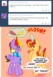 Size: 834x1200 | Tagged: safe, artist:miroslav46, sunset shimmer, oc, pony, unicorn, g4, ask, ketchup, mustard, sunset shimmer hates you, tumblr