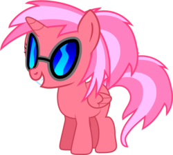 Size: 1024x921 | Tagged: safe, artist:creshosk, dj pon-3, vinyl scratch, oc, oc only, oc:cherry bloom, alicorn, pony, g4, alicorn oc, alternate hairstyle, female, filly, foal, hooves, horn, simple background, smiling, solo, teeth, transparent background, vector, vinyl's glasses, wings, xk-class end-of-the-world scenario