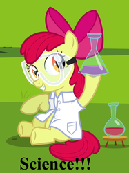Size: 536x717 | Tagged: safe, edit, screencap, apple bloom, earth pony, pony, g4, twilight time, adorabloom, adorkable, clothes, cute, dork, dr. insano, female, filly, image macro, lab coat, meme, safety goggles, science, sitting, solo, text