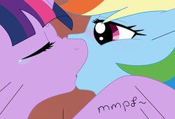 Size: 1039x707 | Tagged: safe, artist:good-within-u, artist:themoonraven, rainbow dash, twilight sparkle, alicorn, pony, g4, blushing, colored, crying, duo, eyes closed, female, kiss on the lips, kissing, lesbian, mare, ship:twidash, shipping, twilight sparkle (alicorn)