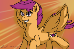 Size: 4800x3200 | Tagged: safe, artist:bassecho, scootaloo, pegasus, pony, g4, backlighting, female, filly, grin, smiling, solo, spread wings, wings