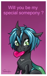 Size: 620x1001 | Tagged: safe, artist:mr-samson, oc, oc only, oc:amora, changeling, hybrid, hearts and hooves day, interspecies offspring, mouth hold, offspring, parent:queen chrysalis, parent:shining armor, parents:shining chrysalis, quadrupedal, solo, valentine's day