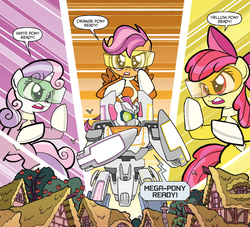 Size: 1395x1266 | Tagged: safe, artist:tony fleecs, idw, official comic, apple bloom, scootaloo, sweetie belle, earth pony, pegasus, pony, robot, unicorn, friends forever #2, g4, my little pony: friends forever, spoiler:comic, comic, cutie mark crusaders, cutiezord, female, filly, foal, giant robot, hilarious in hindsight, hmd, mecha, megazord, power rangers, speech bubble, super sentai, visor