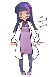 Size: 560x802 | Tagged: safe, artist:ujey02, twilight sparkle, human, g4, adorkable, clothes, cute, dork, dress, female, glasses, humanized, lab coat, looking at you, open mouth, smiling, solo, standing, stockings, thigh highs, tights