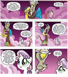 Size: 1285x1453 | Tagged: safe, artist:tonyfleecs, idw, official comic, discord, sweetie belle, draconequus, pony, unicorn, friends forever, g4, spoiler:comic, spoiler:comicff2, comic, cute, diasweetes, duo, female, filly, foal, male, purple background, simple background, smoke, speech bubble, teary eyes