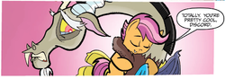 Size: 1083x383 | Tagged: safe, artist:tonyfleecs, idw, official comic, discord, scootaloo, draconequus, pegasus, pony, friends forever, g4, spoiler:comic, spoiler:comicff2, cropped, discordlove, duo, eyes closed, female, filly, foal, heartwarming, lip bite, male, pink background, simple background, speech bubble, teary eyes