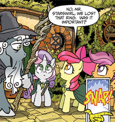 Size: 611x646 | Tagged: safe, artist:tony fleecs, idw, official comic, apple bloom, discord, scootaloo, star swirl the bearded, sweetie belle, earth pony, pegasus, pony, unicorn, friends forever #2, g4, my little pony: friends forever, spoiler:comic, beard, cloak, clothes, cutie mark crusaders, facial hair, female, filly, finger snap, foal, gandalf, hat, lord of the rings, male, speech bubble, staff, stallion, starswirl the grey, wizard hat