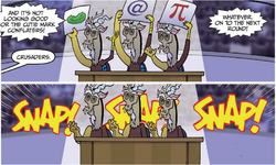 Size: 979x586 | Tagged: safe, artist:tonyfleecs, idw, official comic, discord, draconequus, friends forever, g4, spoiler:comic, spoiler:comicff2, @, comic, discord crew, finger snap, male, pi, speech bubble