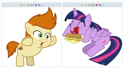 Size: 517x285 | Tagged: safe, gallop j. fry, twilight sparkle, alicorn, pony, derpibooru, g4, my little pony: friendship is magic, twilight time, exploitable meme, female, hay burger, juxtaposition, juxtaposition win, mare, meme, meta, that pony sure does love burgers, twilight burgkle, twilight slobble, twilight sparkle (alicorn)