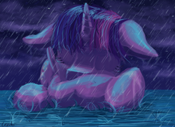 Size: 1500x1086 | Tagged: safe, artist:cezzlo, twilight sparkle, g4, female, rain, sad, solo