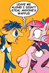 Size: 365x549 | Tagged: safe, idw, flash sentry, princess cadance, twilight sparkle, g4, exploitable meme, meme, screaming armor, screaming sentry, waifu thief, younger