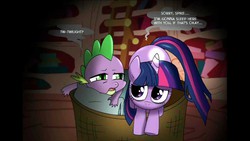 Size: 1280x720 | Tagged: safe, artist:musapan, spike, twilight sparkle, fanfic:cupcakes, g4, basket, cropped, scared