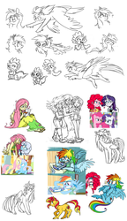 Size: 2000x3461 | Tagged: safe, artist:xenon, angel bunny, fluttershy, linky, pinkie pie, rainbow dash, rarity, shoeshine, spike, sunset shimmer, twilight sparkle, human, pony, g4, carrot, horn, horned humanization, humanized, scene interpretation, sketch dump, twilight sparkle (alicorn), winged humanization