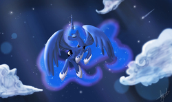 Size: 1895x1120 | Tagged: safe, artist:applealice24, princess luna, g4, cloud, cloudy, eyes closed, female, flying, magic, solo
