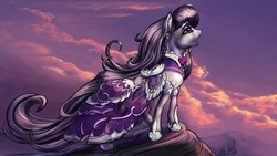 Size: 5760x3240 | Tagged: safe, artist:viwrastupr, octavia melody, g4, clothes, cloud, cloudy, costume porn, dress, ear fluff, female, open mouth, singing, sky, solo, windswept mane