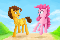 Size: 1237x836 | Tagged: dead source, safe, artist:mn27, cheese sandwich, pinkie pie, g4, female, male, pronking, ship:cheesepie, shipping, straight