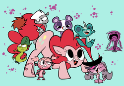 Size: 1150x800 | Tagged: safe, artist:footsam, pinkie pie, dog, earth pony, gecko, hedgehog, human, mongoose, monkey, panda, pony, skunk, g4, arms in the air, blythe baxter, crossover, crying, eyebrows, female, hand on hip, littlest pet shop, male, minka mark, open mouth, penny ling, pepper clark, raised eyebrow, russell ferguson, smiling, sunil nevla, tongue out, vinnie terrio, zoe trent