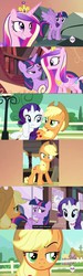 Size: 640x2132 | Tagged: safe, screencap, applejack, princess cadance, rarity, twilight sparkle, alicorn, pony, g4, female, lidded eyes, mare, meme, screencap comic, twilight sparkle (alicorn), unconvinced applejack, youtube caption