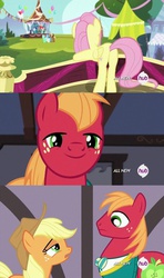 Size: 640x1080 | Tagged: safe, edit, edited screencap, screencap, applejack, big macintosh, fluttershy, lightning bolt, lyra heartstrings, meadow song, rarity, toe-tapper, torch song, white lightning, earth pony, pony, filli vanilli, g4, all new, bowtie, butt, eyes on the prize, female, looking at butt, male, plot, screencap comic, ship:fluttermac, shipping, stallion, straight