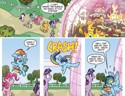Size: 1014x777 | Tagged: safe, artist:tony fleecs, idw, official comic, apple bloom, applejack, fluttershy, pinkie pie, rainbow dash, rarity, scootaloo, spike, sweetie belle, twilight sparkle, alicorn, earth pony, pegasus, pony, unicorn, friends forever #2, g4, my little pony: friends forever, spoiler:comic, comic, cutie mark crusaders, female, filly, fire hose, firefighter, foal, magic bubble, mane seven, mane six, mare, rainbow crash, rainbow dumb, speech bubble, twilight sparkle (alicorn)