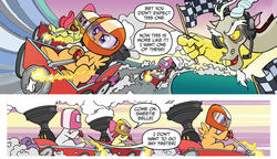 Size: 1035x596 | Tagged: safe, artist:tony fleecs, idw, official comic, apple bloom, discord, scootaloo, sweetie belle, draconequus, earth pony, pegasus, pony, unicorn, friends forever #2, g4, my little pony: friends forever, spoiler:comic, car, checkered flag, comic, cutie mark crusaders, female, filly, foal, go kart, headset, male, race cars, racecar, speech bubble, steampunk, wagon