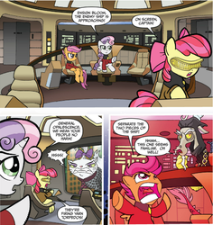 Size: 530x561 | Tagged: safe, artist:tony fleecs, idw, official comic, apple bloom, discord, opalescence, scootaloo, sweetie belle, cat, draconequus, earth pony, pegasus, pony, unicorn, friends forever #2, g4, my little pony: friends forever, spoiler:comic, comic, cutie mark crusaders, disqord, female, filly, foal, geordi laforge, jean-luc picard, male, q, romulan, speech bubble, star trek, star trek: the next generation, visor, voice actor joke, william riker