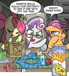 Size: 476x524 | Tagged: safe, artist:tony fleecs, idw, official comic, apple bloom, discord, scootaloo, sweetie belle, dragon, earth pony, pegasus, pony, unicorn, friends forever #2, g4, my little pony: friends forever, spoiler:comic, broken glasses, comic, cutie mark crusaders, dice, dungeon master, dungeons and dragons, eyes closed, female, filly, finger snap, foal, glasses, honey dew (drink), ogres and oubliettes, rarity's glasses, scootaloo is not amused, speech bubble, tabletop game, unamused