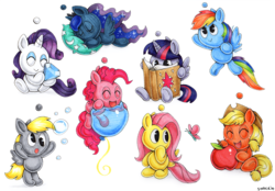 Size: 900x628 | Tagged: safe, artist:snacky-bites, applejack, derpy hooves, fluttershy, pinkie pie, princess luna, rainbow dash, rarity, twilight sparkle, alicorn, butterfly, chao, pony, g4, apple, balloon, book, bubble, crossover, cute, diamond, eyes closed, female, mane six, mare, open mouth, pillow, reading, sleeping, sonic adventure, sonic adventure 2, sonic the hedgehog (series), traditional art, twilight sparkle (alicorn)