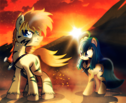 Size: 1200x978 | Tagged: safe, artist:ruhisu, oc, oc:icy star, oc:millennium star, earth pony, pony, brother, cloud, cloudy, desert, female, male, mare, markings, scar, shading, shadow, siblings, sister, sparkles, stallion, standing, sunset, sword, warrior, wasteland
