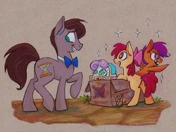 Size: 1280x964 | Tagged: safe, artist:egriz, apple bloom, doctor whooves, scootaloo, sweetie belle, time turner, earth pony, pegasus, pony, unicorn, g4, bowtie, box, cutie mark crusaders, doctor who, eleventh doctor, football helmet, gap teeth, helmet, male, ponified, stallion, the doctor