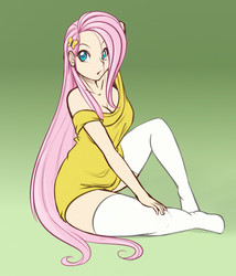 Size: 823x960 | Tagged: safe, artist:scorpdk, fluttershy, human, g4, :o, bottomless, breasts, busty fluttershy, cleavage, clothes, female, hairpin, humanized, looking at you, open mouth, sitting, socks, solo, stockings, sweatershy, thigh highs