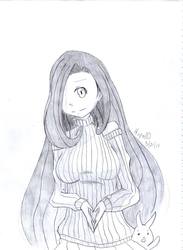 Size: 703x960 | Tagged: safe, artist:hopelld, fluttershy, human, rabbit, g4, female, humanized, monochrome, solo