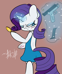 Size: 1000x1200 | Tagged: safe, artist:lightningnickel, rarity, g4, blood, butt, clothes, female, glock, gun, pistol, plot, solo, telekinesis, underhoof