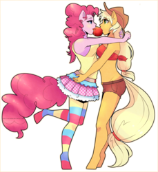 Size: 855x935 | Tagged: safe, artist:rottenexp, applejack, pinkie pie, anthro, g4, apple, female, human facial structure, lesbian, ship:applepie, shipping