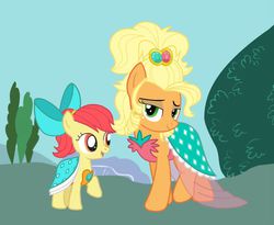 Size: 720x590 | Tagged: safe, artist:bakasiaxd, apple bloom, applejack, earth pony, pony, g4, adorabloom, alternate hairstyle, applejewel, bow, clothes, cute, dress, jewel bloom, like sister like sister, ponytail