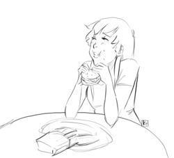 Size: 1280x1164 | Tagged: safe, artist:demdoodles, human, g4, twilight time, burger, eating, food, happy, hay burger, humanized, monochrome, sitting, solo, table, twilight burgkle