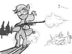 Size: 720x540 | Tagged: safe, artist:bipole, applejack, earth pony, pony, g4, biathlon, bipedal, gun, monochrome, rifle, shooting