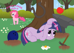 Size: 876x620 | Tagged: safe, artist:lycanox, pinkie pie, twilight sparkle, g4, anvil, apple, bowling ball, duo, egg, hammer, horseshoes, pinkie sense