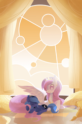 Size: 1198x1808 | Tagged: dead source, safe, artist:starrypon, princess celestia, princess luna, g4, bright, duo, female, filly, morning, pink-mane celestia, sisters, woona, younger