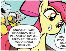 Size: 597x469 | Tagged: safe, artist:tonyfleecs, idw, official comic, apple bloom, discord, draconequus, earth pony, pony, friends forever, g4, spoiler:comic, spoiler:comicff2, cropped, female, filly, foal, male, speech bubble