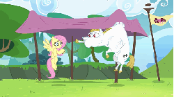 Size: 576x324 | Tagged: safe, edit, edited screencap, screencap, bulk biceps, fluttershy, pegasus, pony, g4, rainbow falls, abuse, animated, duo, female, flag, flying, male, mare, ouch, ponyville flag, scene parody, stallion