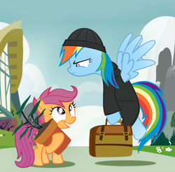 Size: 1200x1179 | Tagged: safe, artist:pixelkitties, rainbow dash, scootaloo, pegasus, pony, g4, clothes, duo, duo female, female, filly, flower pot, foal, léon, léon: the professional, mare, movie reference, parody, suitcase, the professional