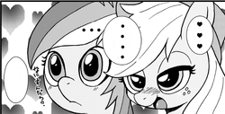 Size: 810x410 | Tagged: safe, artist:tsunamushi, edit, applejack, rainbow dash, g4, ..., cropped, monochrome