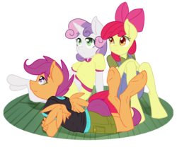 Size: 3100x2700 | Tagged: safe, artist:annakitsun3, apple bloom, scootaloo, sweetie belle, earth pony, anthro, unguligrade anthro, g4, clothes, cutie mark crusaders, dress, equestria girls outfit, hoodie, hooves, overalls, underhoof