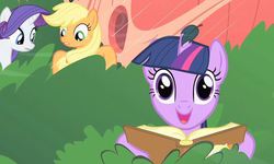 Size: 541x324 | Tagged: safe, screencap, applejack, rarity, twilight sparkle, g4, look before you sleep, blank stare, book, faic, golden oaks library, i can see forever, out of context, tree