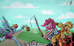 Size: 1573x983 | Tagged: safe, artist:senselesssquirrel, applejack, pinkie pie, rainbow dash, anthro, g4, carrot on a stick, cider, motorcycle