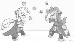 Size: 3840x2160 | Tagged: safe, artist:neko-me, applejack, pinkie pie, pony, g4, apple, bipedal, clothes, grayscale, monochrome, robe